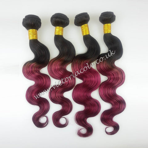 Peruvian body wave ombre 1B/99J Fuschia Pink 8" Virgin Hair Extensions